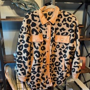 Leopard Print Sherpa Jacket with Tan Accents